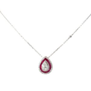 14kt white gold diamond and genuine ruby hlao pear shape pendant D tw 0.65cts R tw1.65cts VS2, F/G diamond by yard