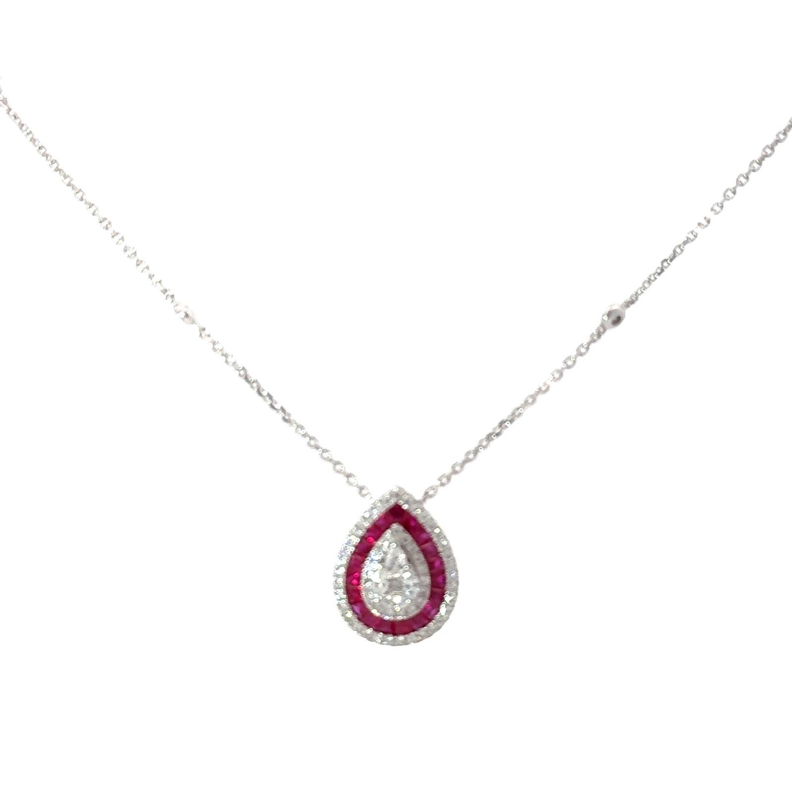 GNK .jpg 14kt white gold diamond and genuine ruby hlao pear shape pendant D tw 0.65cts R tw1.65cts VS2, F/G diamond by yard