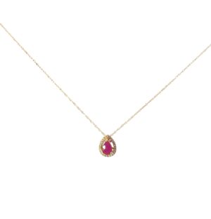 14kt yellow gold genuine ruby and diamond halo pendant D tw 0.07cts SI clarity, near colorless I color on 18"