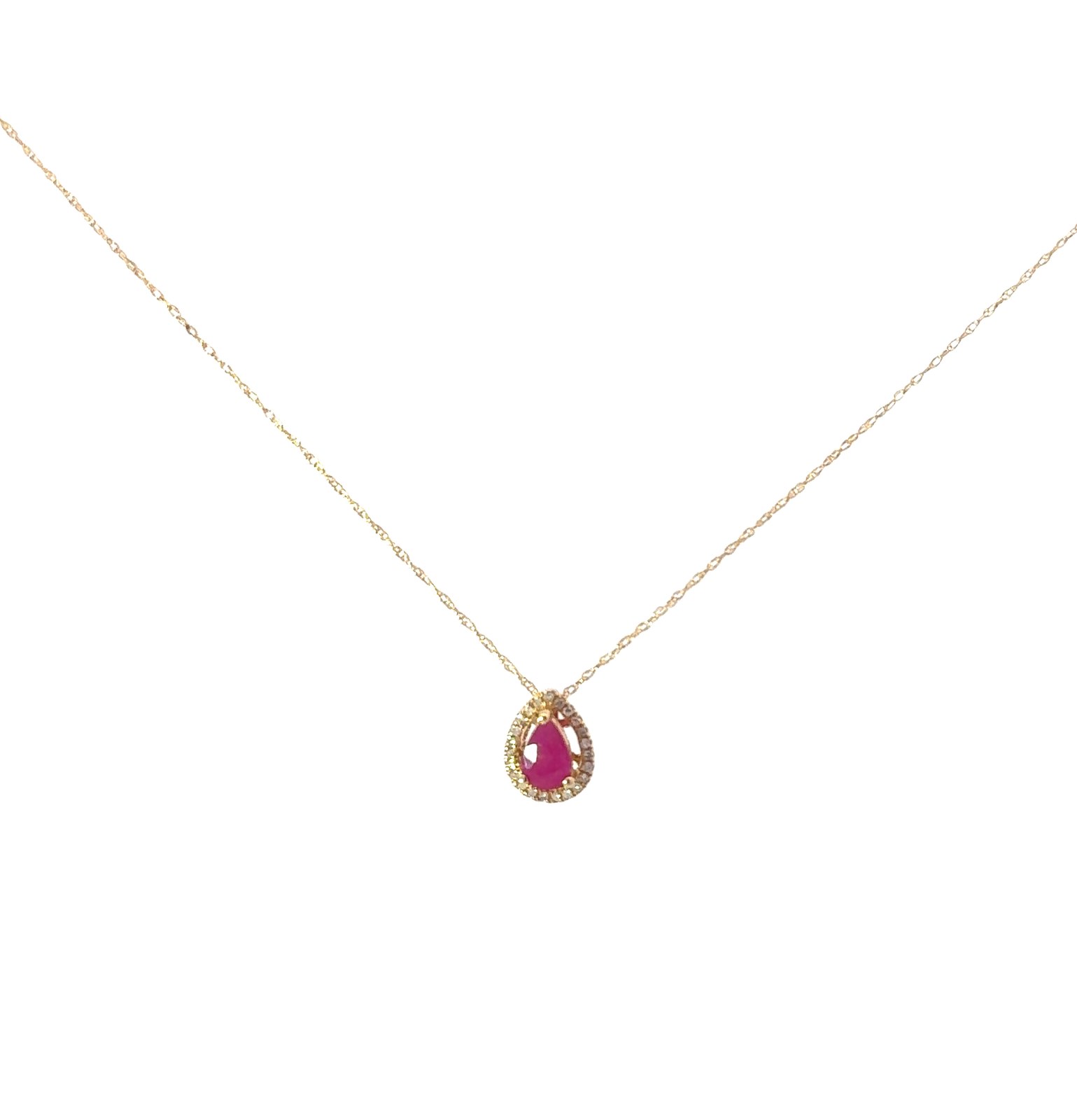 GPD .jpg 14kt yellow gold genuine ruby and diamond halo pendant D tw 0.07cts SI clarity, near colorless I color on 18"
