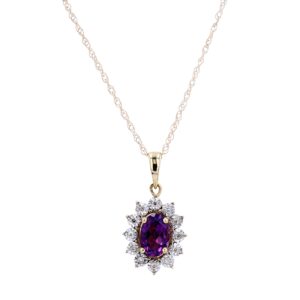 10kt yellow gold diamond and amethyst halo pendant D tw 0.035cts SI, I color 18"
