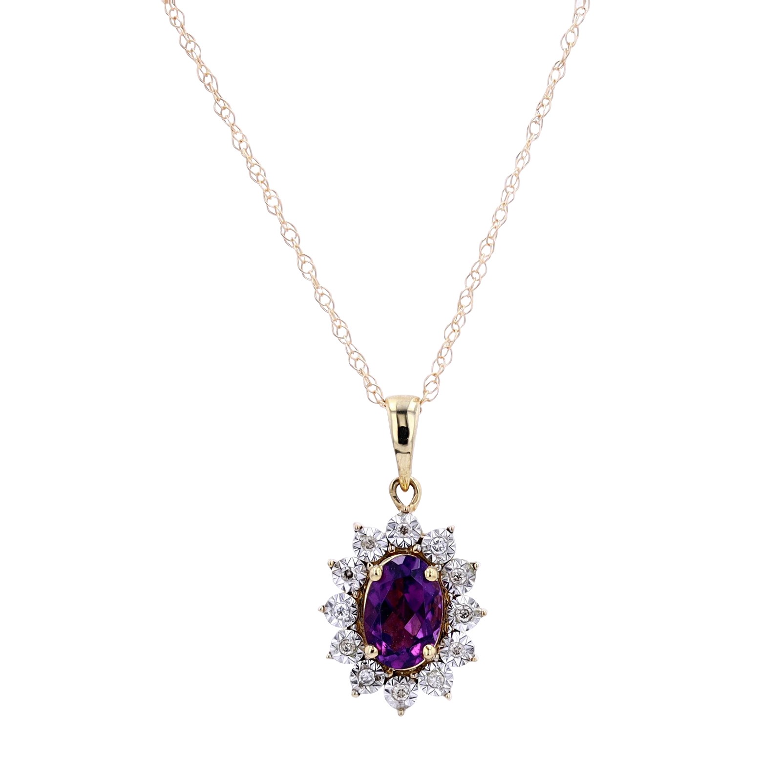 GPD .jpg 10kt yellow gold diamond and amethyst halo pendant D tw 0.035cts SI, I color 18"