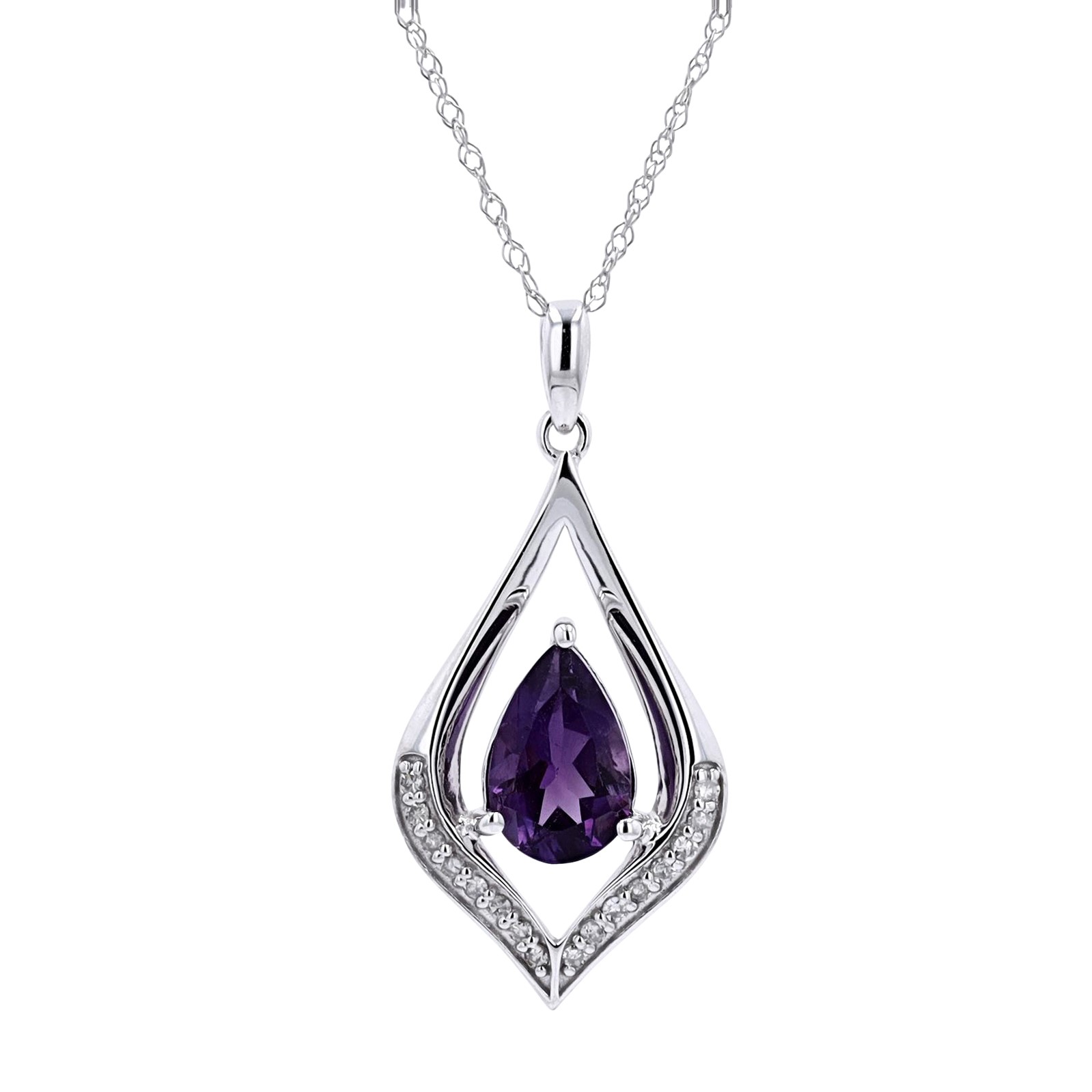 GPD .jpg 10kt white gold diamond and amethyst pear shape pendant D tw 0.07cts on 18"