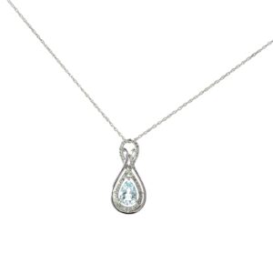 14kt white gold diamond and genuine aquamarine pear shape pendant D tw 0.17cts SI clarity, near colorless H