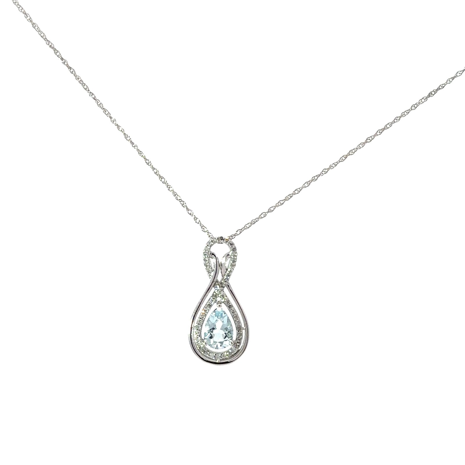 GPD .jpg 14kt white gold diamond and genuine aquamarine pear shape pendant D tw 0.17cts SI clarity, near colorless H