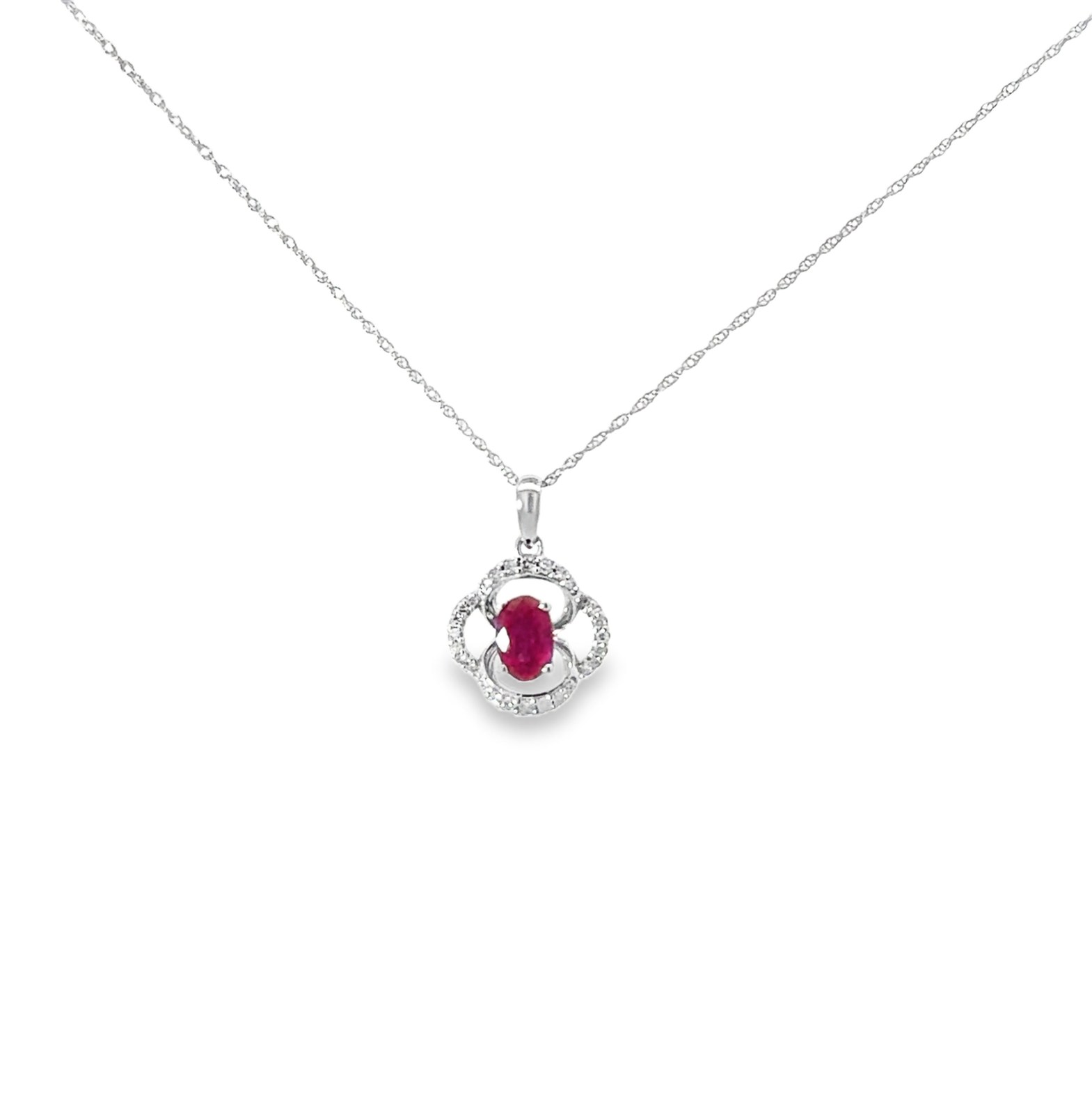 GPD .jpg 10kt white gold diamond and ruby fashion necklace D tw 0.10cts SI clarity, near colorless I color R tw 0.65cts on 18"