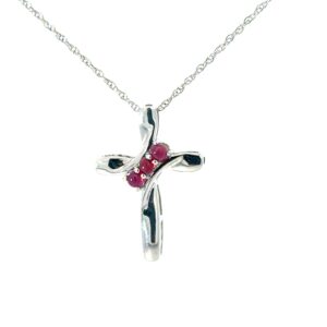 10kt white gold genuine ruby cross pendant R tw 0.22cts on machine made rope with spring ring