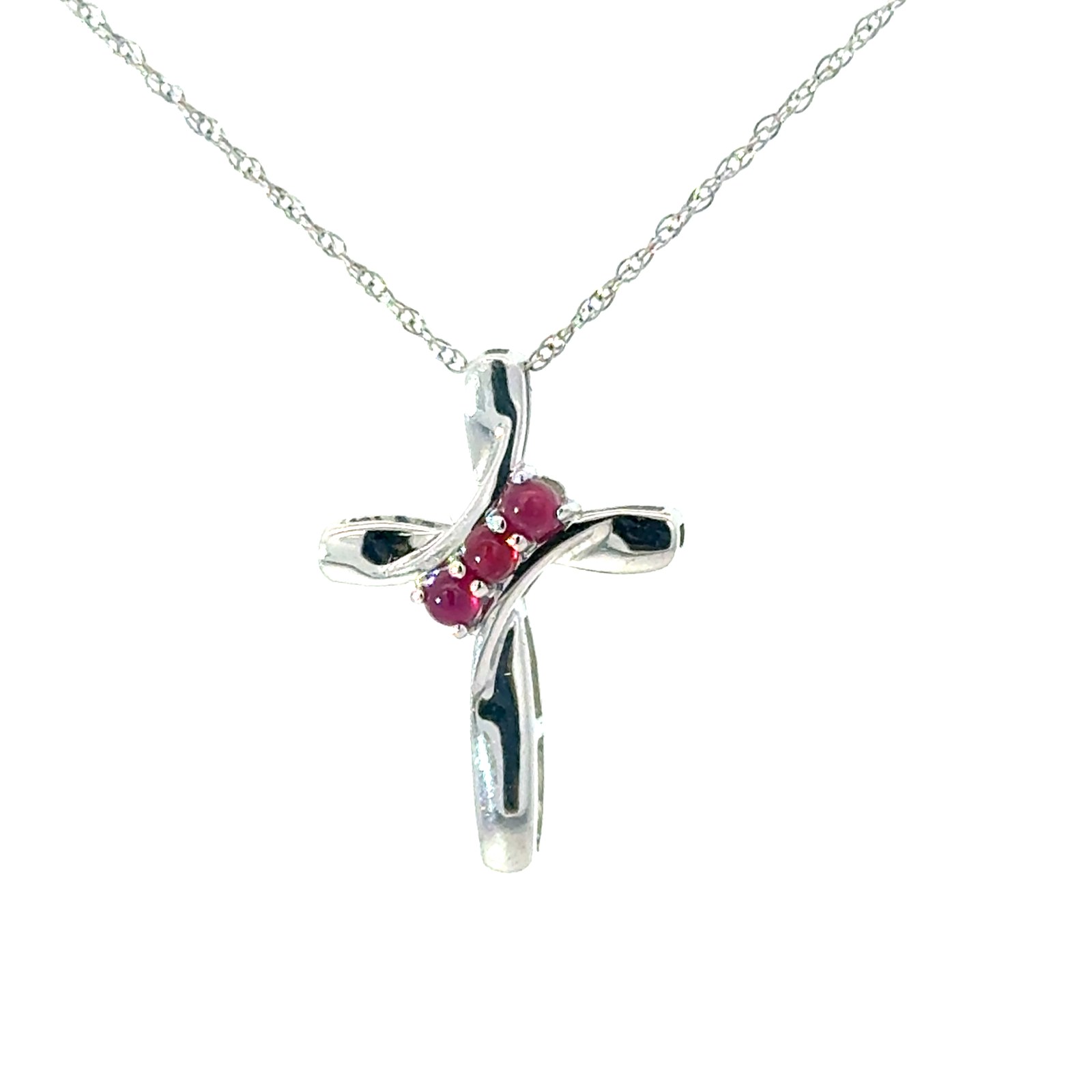GPD .jpg 10kt white gold genuine ruby cross pendant R tw 0.22cts on machine made rope with spring ring