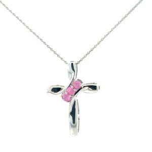 10kt white gold pink sapphire cross pendant tw 0.22cts on cable chain with spring ring clasp