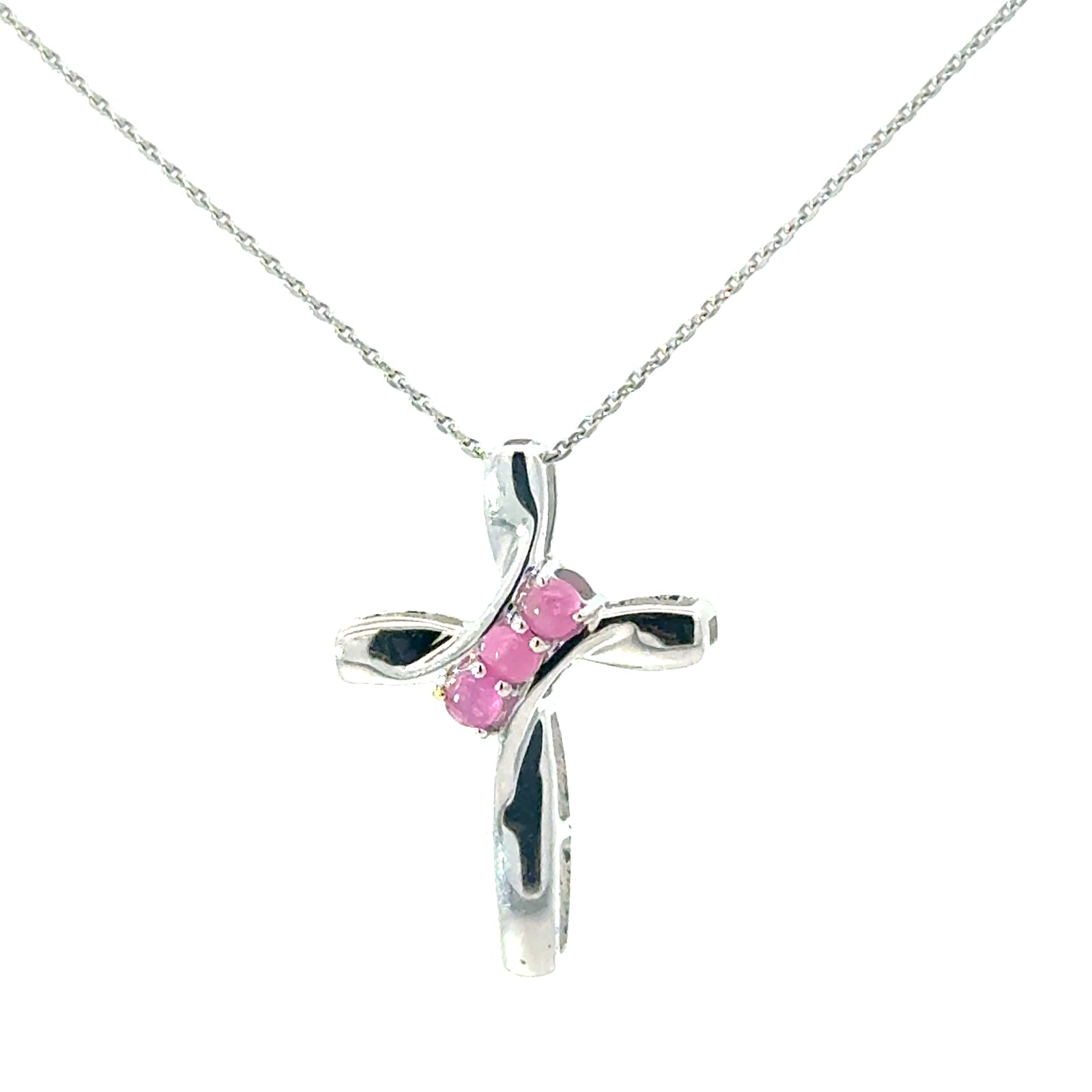 GPD .jpg 10kt white gold pink sapphire cross pendant tw 0.22cts on cable chain with spring ring clasp