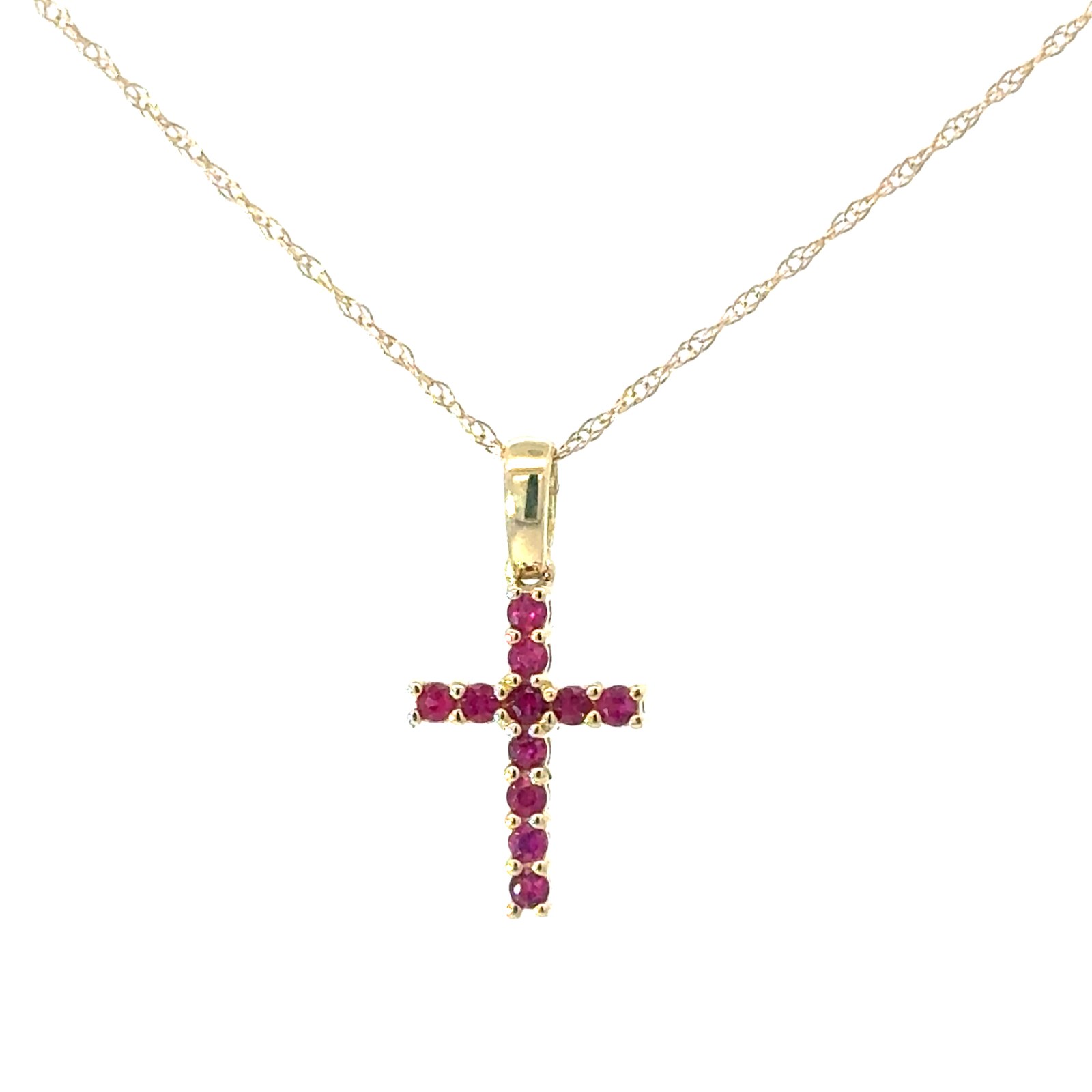 GPD .jpg 10kt yellow gold genuine ruby cross pendant on machine made rope 18" with spring ring tw 0.18cts