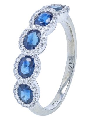 14kt white genuine sapphire and diamond halo band S tw 1.25cts D tw 0.18cts SI clarity, near colorless H color