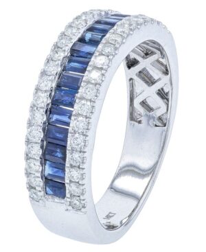 14kt white gold genuine sapphire baguette and diamond ring S tw 1.00cts Dtw 0.43cts VS2, near colorless H