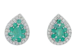 14kt white gold genuine emerald and diamond halo pear shape earrings D tw 0.20cts E tw 0.45cts SI clarity, near colorless H color