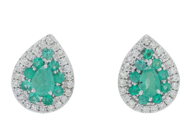 14kt white gold genuine emerald and diamond halo pear shape earrings D tw 0.20cts E tw 0.45cts SI clarity, near colorless H color