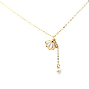 Sterling silver gold plated dangle mother of pearl shell and dangle pearl necklace on adjustable chain