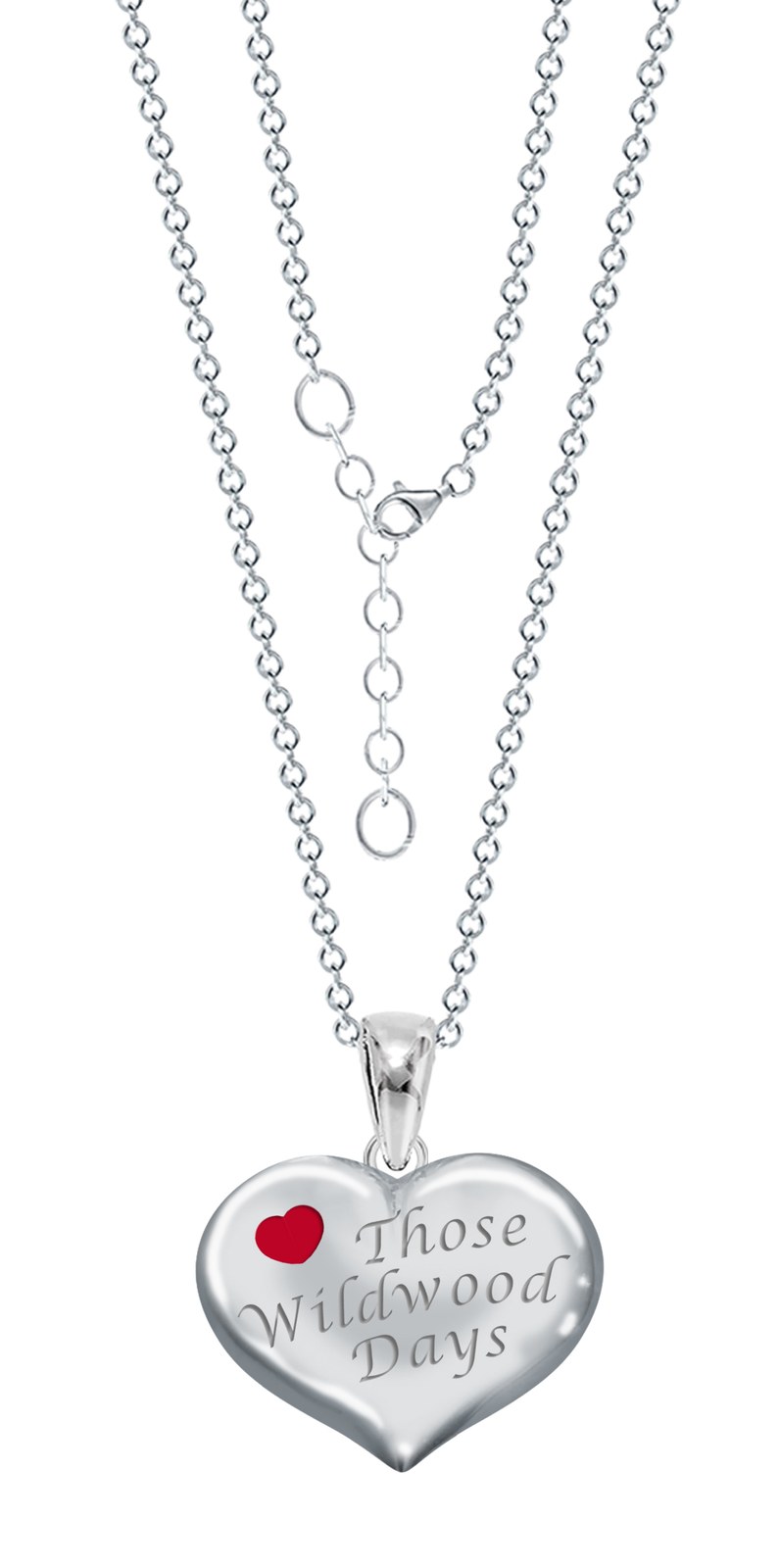 Sterling Silver rhodium plated LoveThose Wildwood Days heart pendant on adjustable chain with claw catch closure