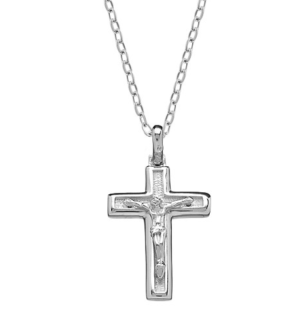Sterling Silver rhodium plated high polished crucifix cross pendant on adjustable chain