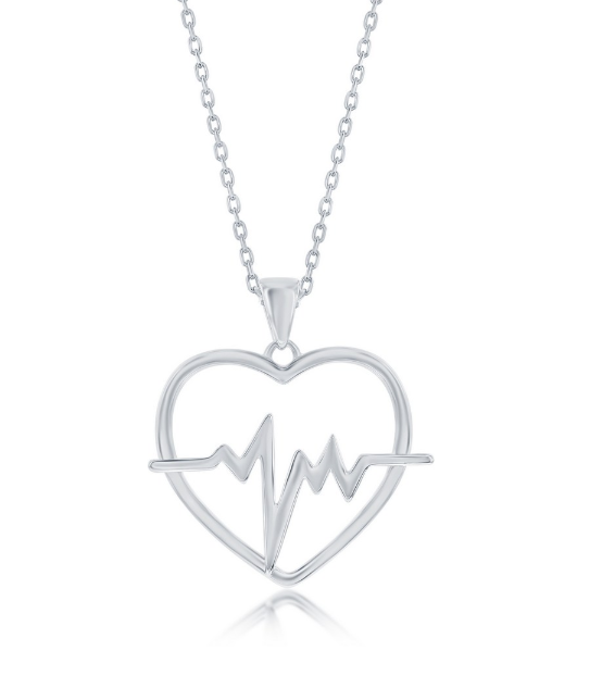 J .png Sterling Silver rhodium plated 1.2mm diamond cut cable chain with heartbeat heart pendant
