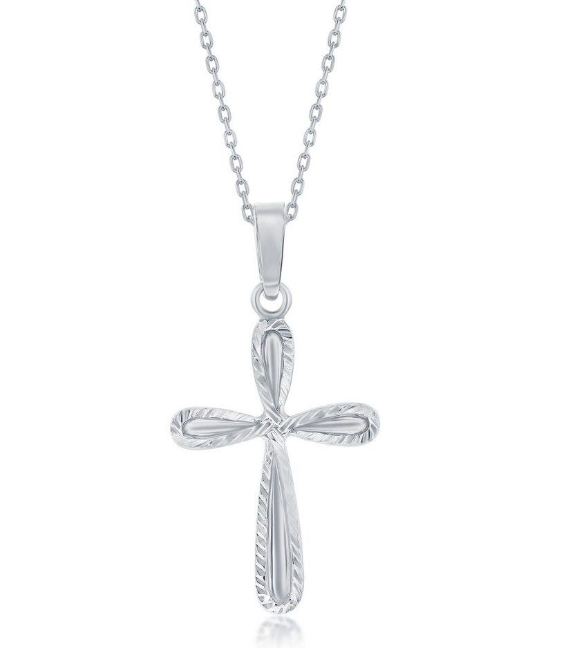 J .png Sterling Silver rhodium plated diamond cut boarder cross pendant on adjustable chain