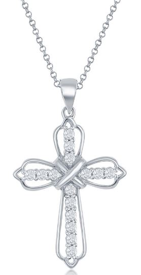 Sterling Silver rhodium plated cubic zirconia cross on 18" link chain with spring ring clasp