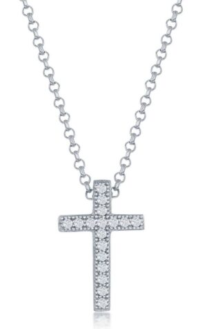 Sterling Silver mirco pave cubic zirconia petite cross pendant on diamond cut cable chain 18"
