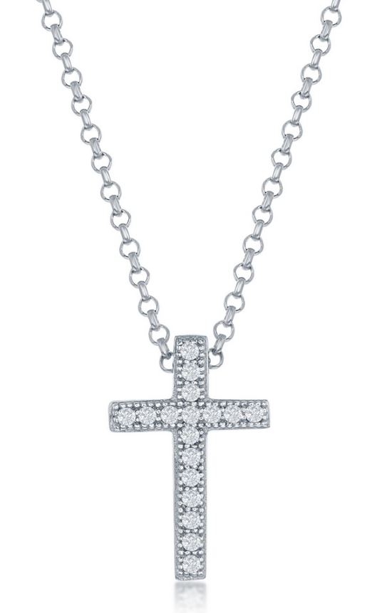 K .jpg Sterling Silver mirco pave cubic zirconia petite cross pendant on diamond cut cable chain 18"