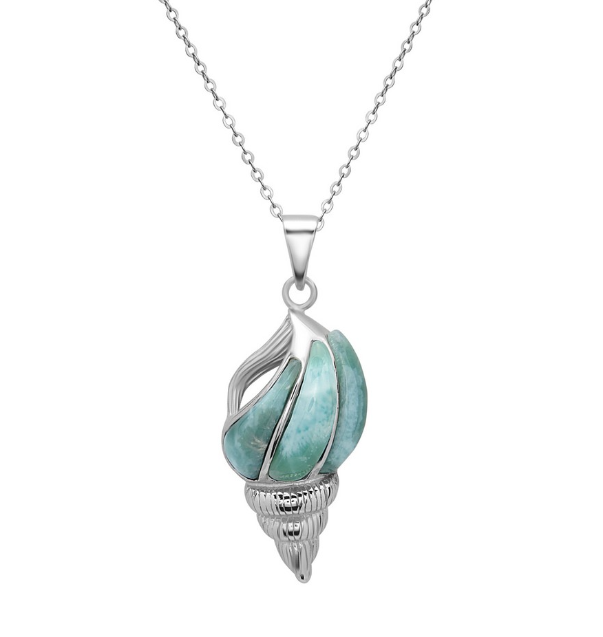K .png Sterling Silver rhodium plated genuine larimar conch shell pendant on 1.2mm diamond cut cable chain 18"