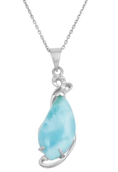 Sterling Silver rhodium plated fancy larimar pear shape pendant on 1.4mm diamond cut cable chain 18"