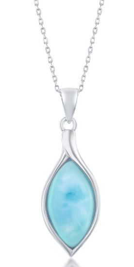 Sterling Silver rhodium plated genuine larimar marquise pendant on 1.4mm diamond cut cable chain 18"