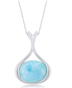 Sterling Silver genuine long oval larimar fashion pendant on diamond cut cable chain