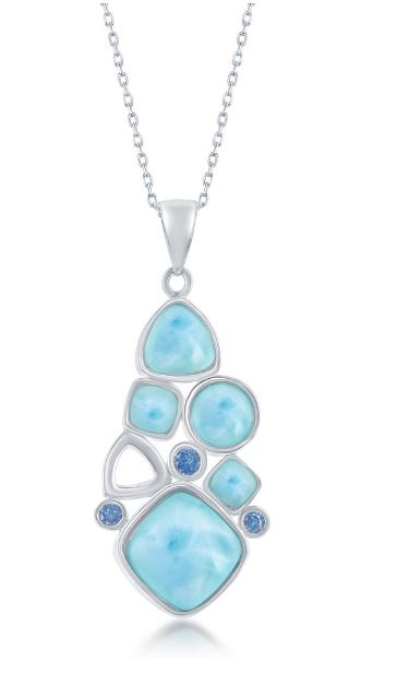 K .jpg Sterling Silver genuine larimar and blue cz pendant on diamond cut cable chain 18"