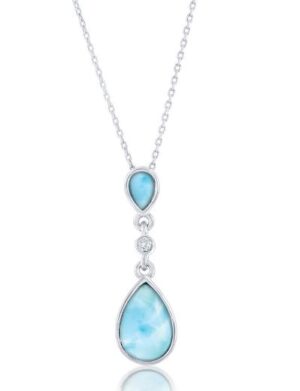 Sterling Silver rhodium plated genuine larimar and white topaz dangle pendant on 1.2mm diamond cut cable chain 18"