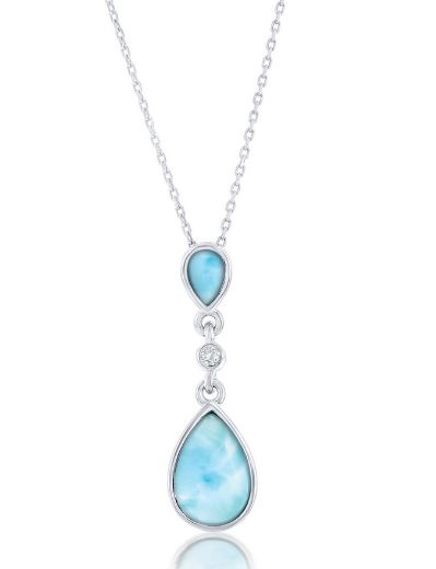 Sterling Silver rhodium plated genuine larimar and white topaz dangle pendant on 1.2mm diamond cut cable chain 18"