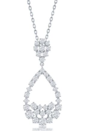 Sterling Silver rhodium plated large pear shape cubic zirconia fashion pendant on 1.1mm diamond cut cable chain 18" with claw catch
