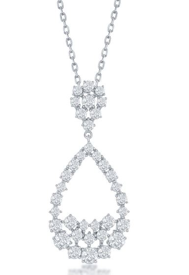 Sterling Silver rhodium plated large pear shape cubic zirconia fashion pendant on 1.1mm diamond cut cable chain 18" with claw catch
