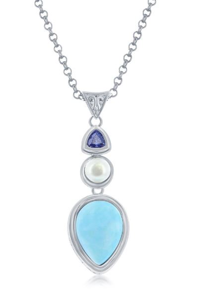 Sterling Silver pearshaped larimar and fresh water pearl and cz pendant on diamond cut cable 18"