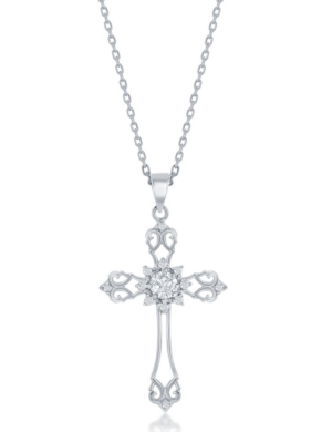Sterling Silver rhodium plated cubic zirconia cross charm on adjustable chain