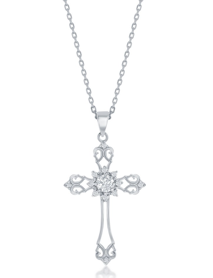 K .png Sterling Silver rhodium plated cubic zirconia cross charm on adjustable chain