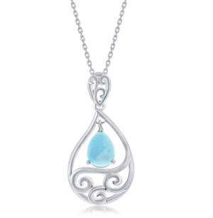 Sterling Silver rhodium plated genuine larimar pear shapeed wave pendant on 1.4mm diamond cut cable chain 18"