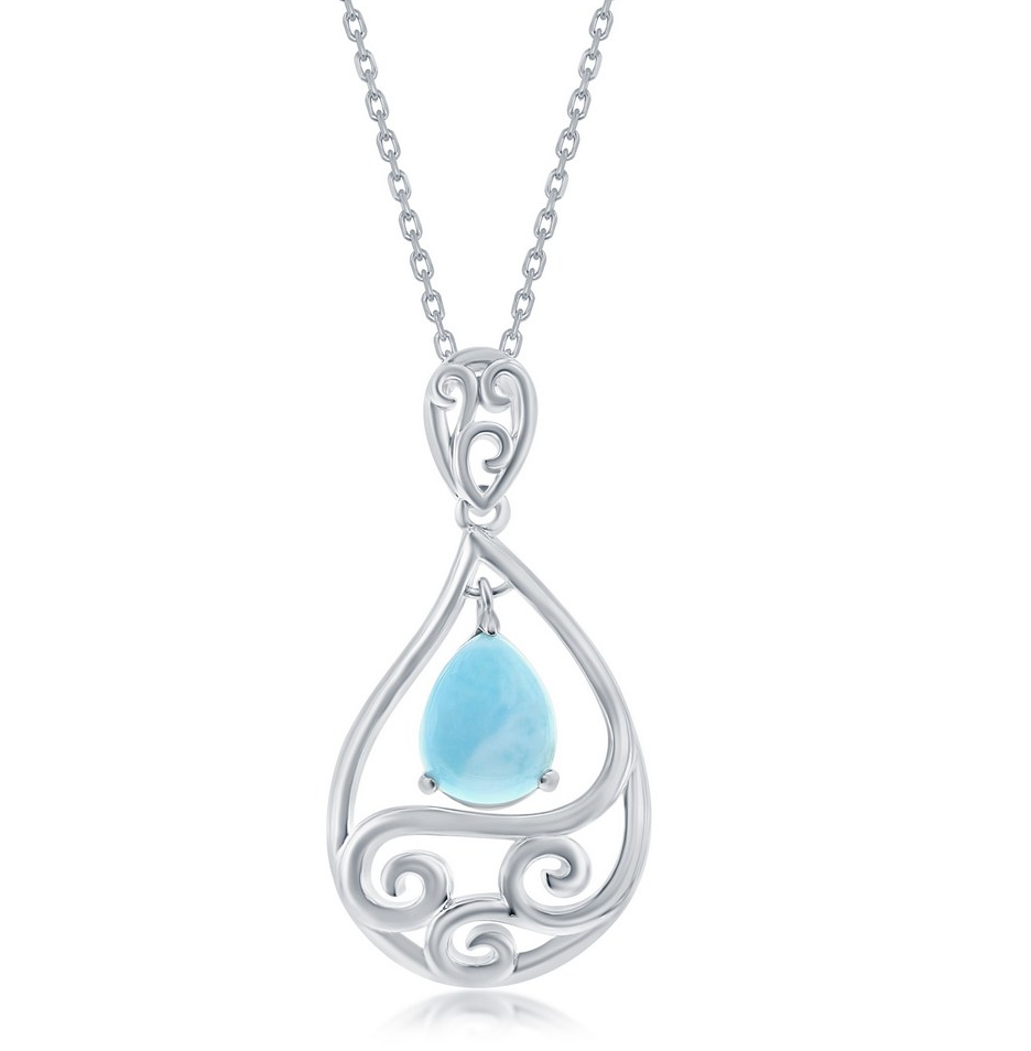 K .png Sterling Silver rhodium plated genuine larimar pear shapeed wave pendant on 1.4mm diamond cut cable chain 18"