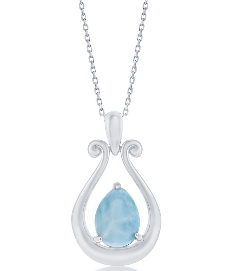 K .png Sterling Silver rhodium plated genuine larimar pendant on 1.2mm diamond cut cable chain 18"