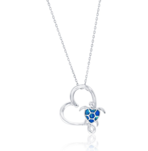Sterling Silver rhodium plated created blue opal turtle heart pendant on 1.2mm diamond cut cable chain 18"