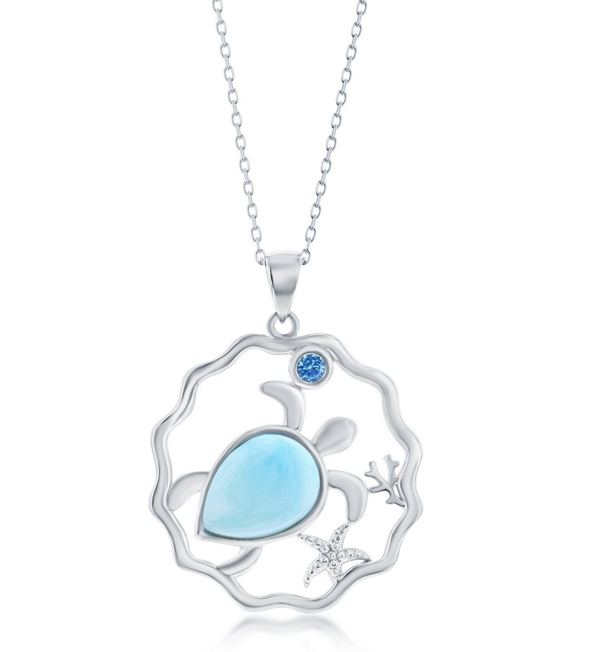 K .png Sterling Silver rhodium plated genuine larimar turtle, starfish and blue cz necklace on 1.4mm diamond cut cable 18"