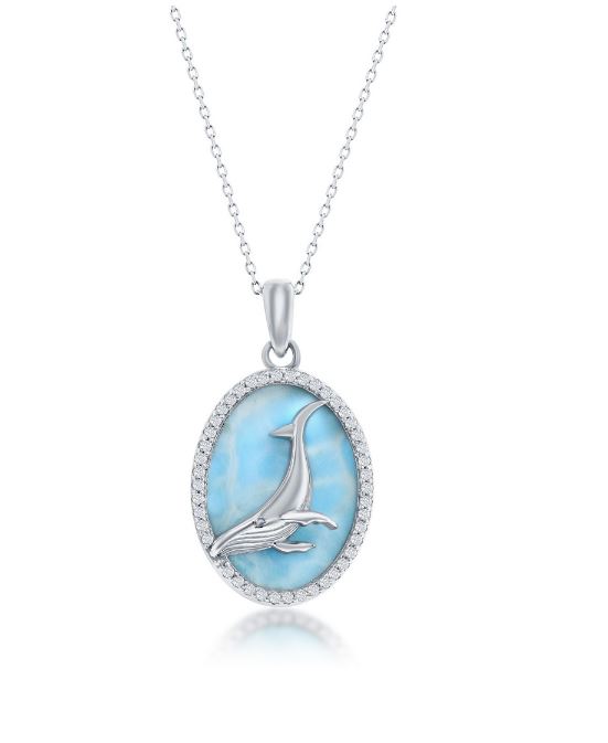 Sterling Silver rhodium plated genuine larimar dolphin with cubic zirconia halo pendant on diamond cut 1.4mm cable chain 18"