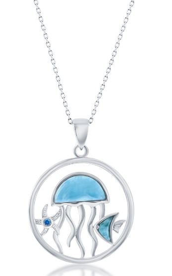 Sterling Silver rhodium plated genuine larimar jellyfish and blue cubic zirconia pendant on 1.4mm diamond cut cable chain 18"