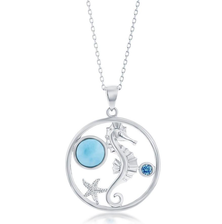 K .png Sterling Silver rhodium plated seahorse and genuine larimar circle pendant with blue cz on 1.4mm diamond cut cable chain 18"