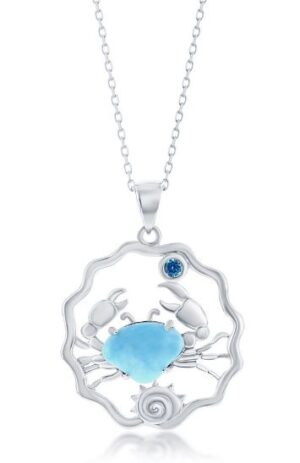 Sterling Silver rhodium plated genuine larimar crab and blue cubic zirconia necklace on 1.4mm diamond cut cable chain 18"