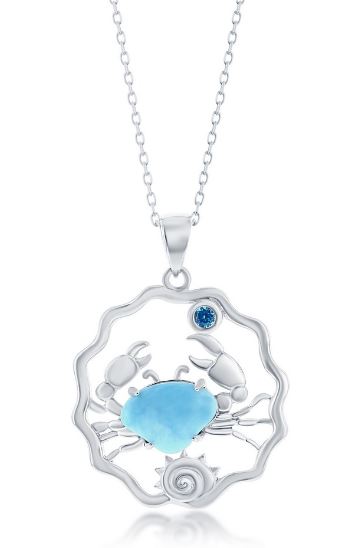 Sterling Silver rhodium plated genuine larimar crab and blue cubic zirconia necklace on 1.4mm diamond cut cable chain 18"