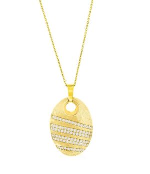 Sterling Silver gold plated and cubic zirconia brushed large oval fashion pendant on cable chain 18"